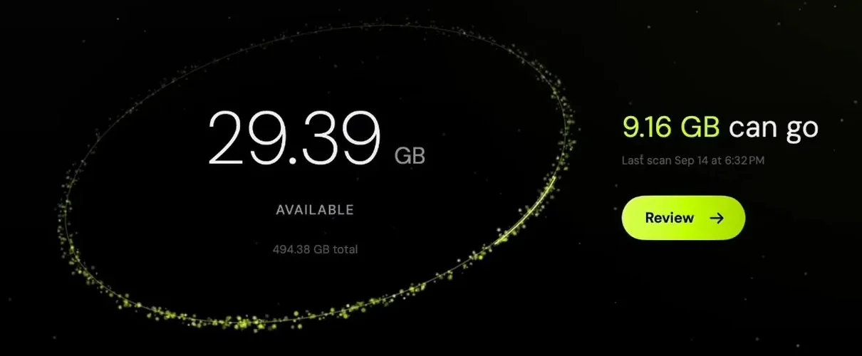 Mint’s Home screen: 29.39 GB available and 9.16 GB that can go